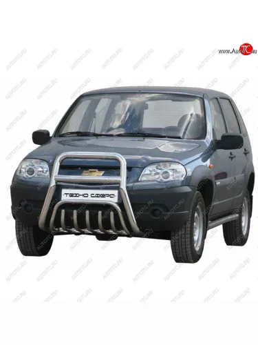 Передок с дополнительной защитой двигателя труба сверху нержавейка d63.5,Техно Сфера (Нержавейка) Лада ВАЗ 2123 (Нива Шевроле) (2009-2021) 1 рестайлинг, 2 рестайлинг