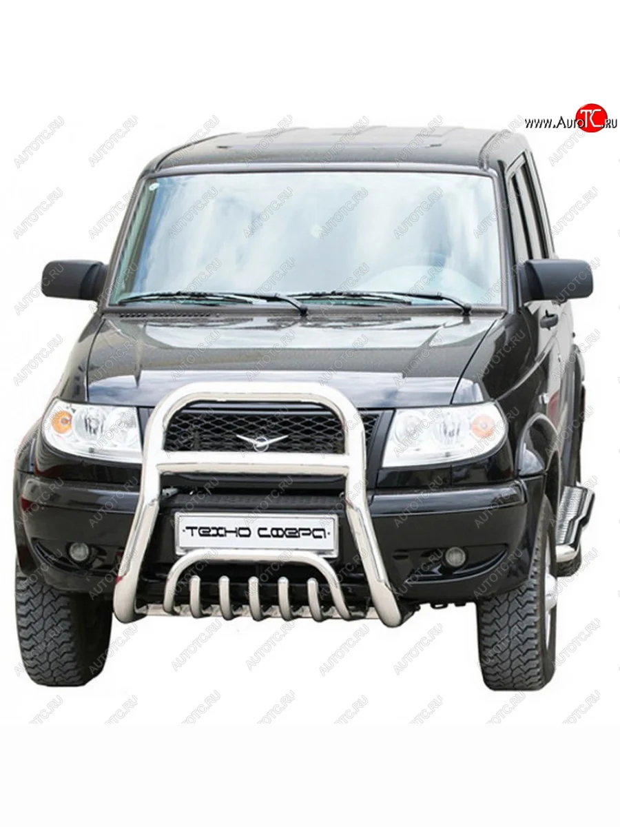 Передок верх-труба с защитой с полимерным покрытием d76, Техно Сфера Уаз Патриот 23632 1 рестайлинг пикап (2014-2016) (Черный матовый)  с доставкой в г. Керчь