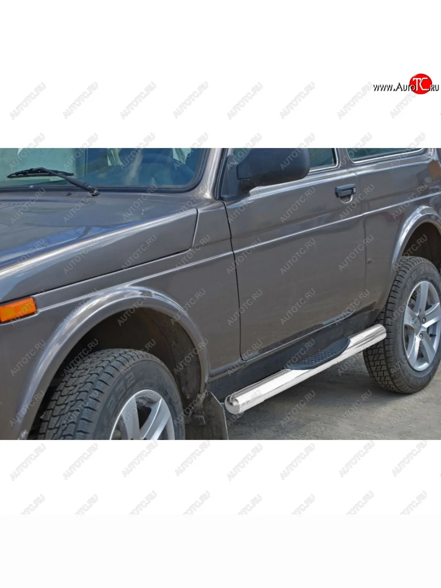Пороги труба люкс с проступью нержавейк d76 , Техно Сфера Лада ВАЗ нива 4х4 2121 (Legend) 3 дв. 2-ой рестайлинг (2021-2025) (Нержавейка)  с доставкой в г. Керчь