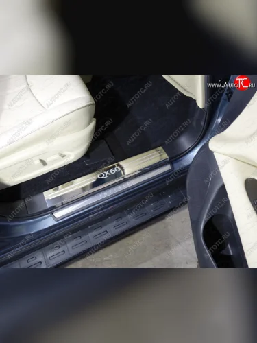 Накладки на пластиковые порожки салона ТСС Тюнинг (лист зеркальный надпись QX 60) INFINITI QX60 L50 рестайлинг (2016-2021)