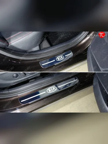 Накладки на порожки салона ТСС Тюнинг (лист зеркальный, логотип KIA) KIA Optima 4 JF дорестайлинг седан (2016-2018)