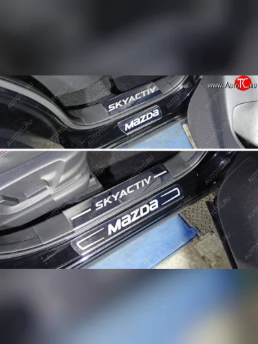 Накладки на пластиковые пороги ТСС Тюнинг (лист зеркальный надпись SKYACTIV) Mazda CX-5 KE рестайлинг (2015-2017)