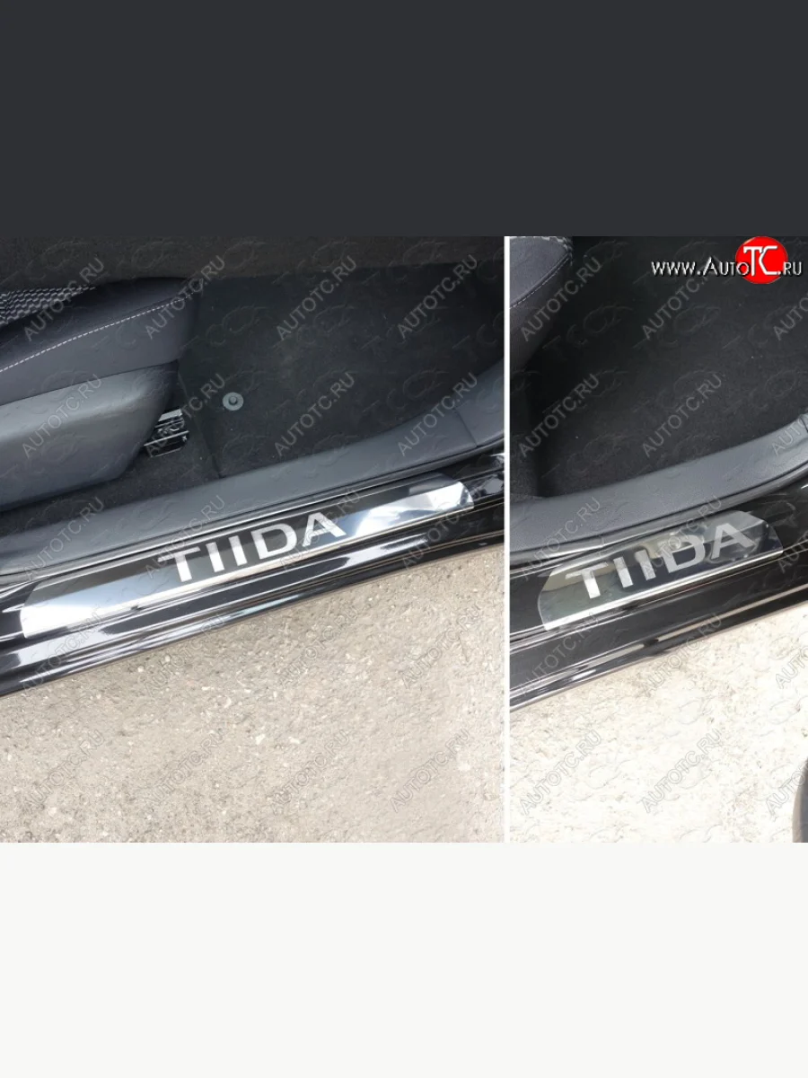 Накладки на пороги ТСС Тюнинг Nissan Tiida 3 C13 хэтчбек дорестайлинг (2015-2016) (лист зеркальный надпись Tiida)  в Перми Пермском крае