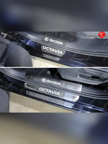Накладки на пластиковые пороги ТСС Тюнинг (лист шлифованный надпись Skoda) Skoda Octavia A7 дорестайлинг универсал (2012-2017)