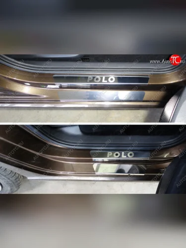 Накладки на пороги внешние и внутренние (8 шт) ТСС Тюнинг (лист зеркальный надпись Polo) Volkswagen Polo Mk5 6R,6C,61 седан рестайлинг (2015-2020)