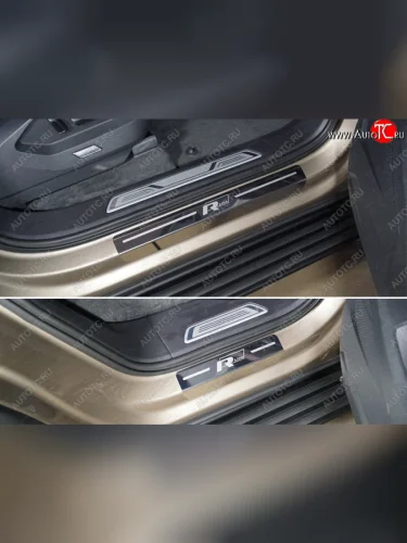 Накладки на пороги (4 шт) ТСС Тюнинг (лист зеркальный надпись R-Lin) Volkswagen Touareg 3 CR дорестайлинг (2018-2022)