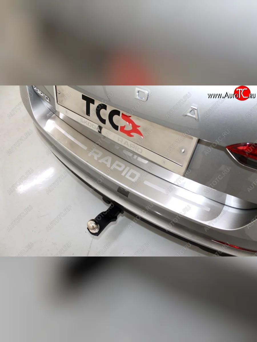 Накладка на задний бампер, ТСС Тюнинг Skoda Rapid NH3 рестайлинг лифтбэк (2017-2020) (лист шлифованный надпись Rapid)  в Керчи Республика Крым