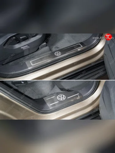 Накладки на передние пороги, ТСС Тюнинг (лист шлифованные логотип VW) Volkswagen Touareg 3 CR дорестайлинг (2018-2022)