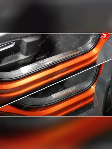Накладки на пластиковые пороги, ТСС Тюнинг (лист шлифованный надпись Volkswagen) Volkswagen Taos (2020-2022)