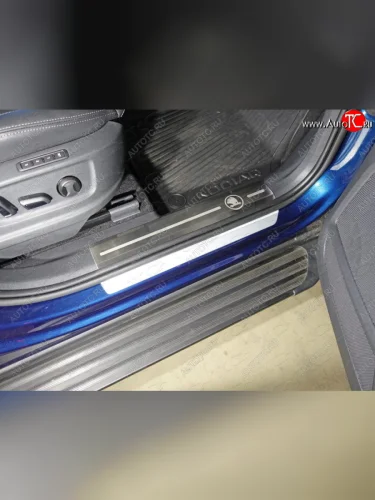 Накладки на пластиковые пороги, ТСС Тюнинг (лист шлифованный логотип Skoda) Skoda Kodiaq 1 NS7 дорестайлинг (2017-2021)