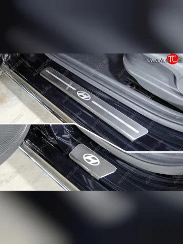 Накладки на пороги, ТСС Тюнинг (лист шлифованный логотип Hyundai) Hyundai Solaris RBr хэтчбэк рестайлинг (2014-2017)