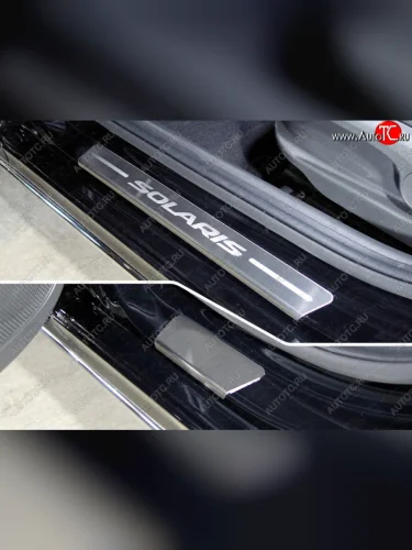 Накладки на пороги, ТСС Тюнинг (лист шлифованный надпись Solaris) Hyundai Solaris HCR седан дорестайлинг (2017-2020)