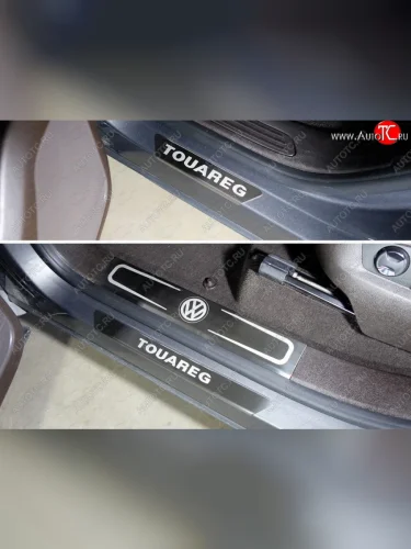 Накладки на пороги внутренние и внешние, ТСС Тюнинг (шлифованные надпись) Volkswagen Touareg 2 NF рестайлинг (2014-2018)