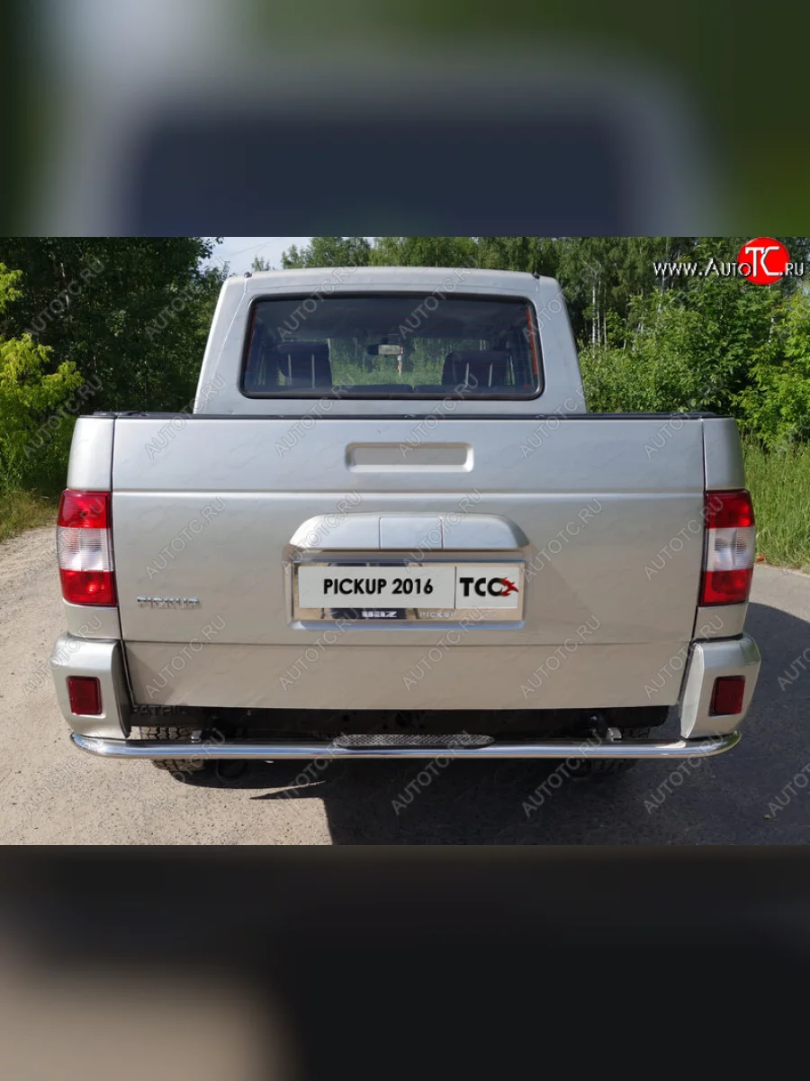 Защита задняя с накладкой (центральная 75*42 мм) ТСС Тюнинг Уаз Патриот 23632 1 рестайлинг пикап (2014-2016) (центральная)  в Самаре Самарской области