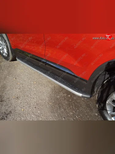 Пороги алюминиевые с пластиковой накладкой, ТСС Тюнинг (карбон серебро) Hyundai Santa Fe TM дорестайлинг (2018-2021)