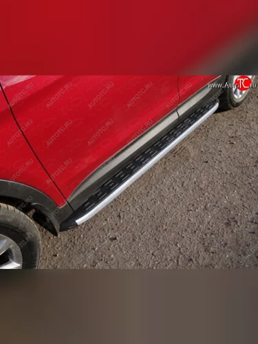 Пороги алюминиевые с пластиковой накладкой, ТСС Тюнинг (карбон серебро) Hyundai Santa Fe DM рестайлинг (2015-2019)