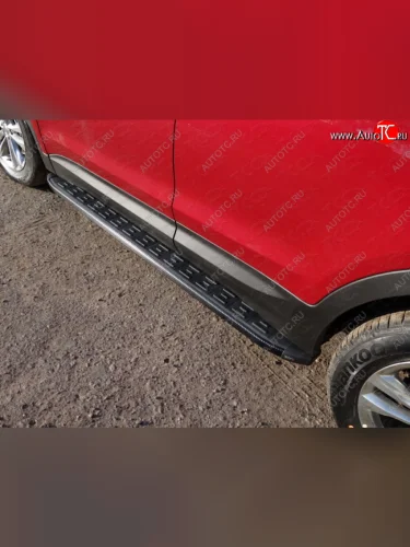 Пороги алюминиевые с пластиковой накладкой ТСС Тюнинг (карбон черные) Hyundai Santa Fe DM рестайлинг (2015-2019)