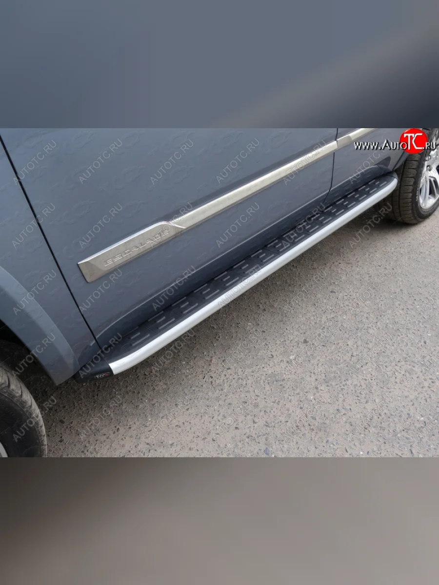 Пороги алюминиевые с пластиковой накладкой R-Line ТСС Тюнинг Cadillac Escalade GMTK2 джип 5 дв. короткая база (2015-2020) (серые)  в Керчи Республика Крым