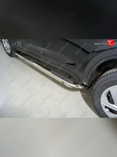 Пороги овальные гнутые с накладкой 75х42 мм (серые) Hyundai Creta SU (2020-2022)