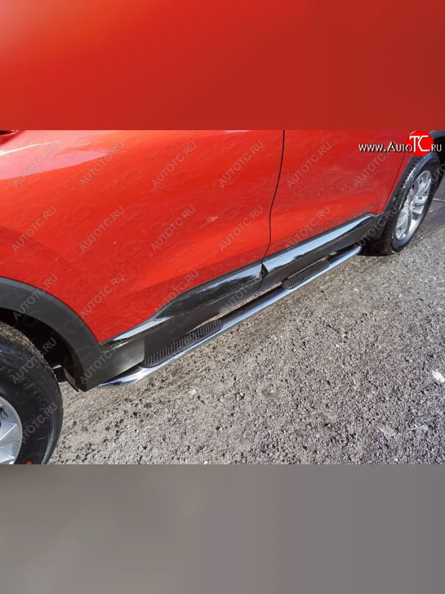 Пороги овальные гнутые с накладкой 75х42 мм Hyundai Santa Fe TM дорестайлинг (2018-2021) (серые)  в Самаре Самарской области