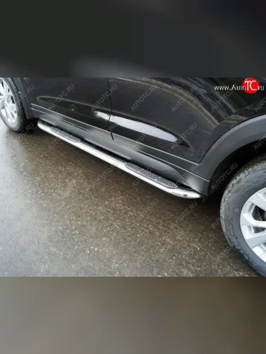 Пороги овальные гнутые с накладкой 75х42 мм (серые) Hyundai Tucson TL рестайлинг (2018-2021)