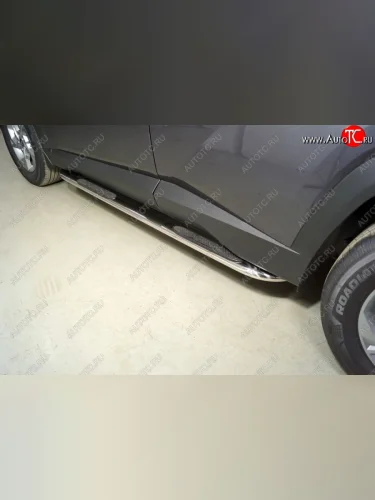 Пороги овальные гнутые с накладкой 75х42 мм (серые) Hyundai Tucson NX4 (2020-2022)