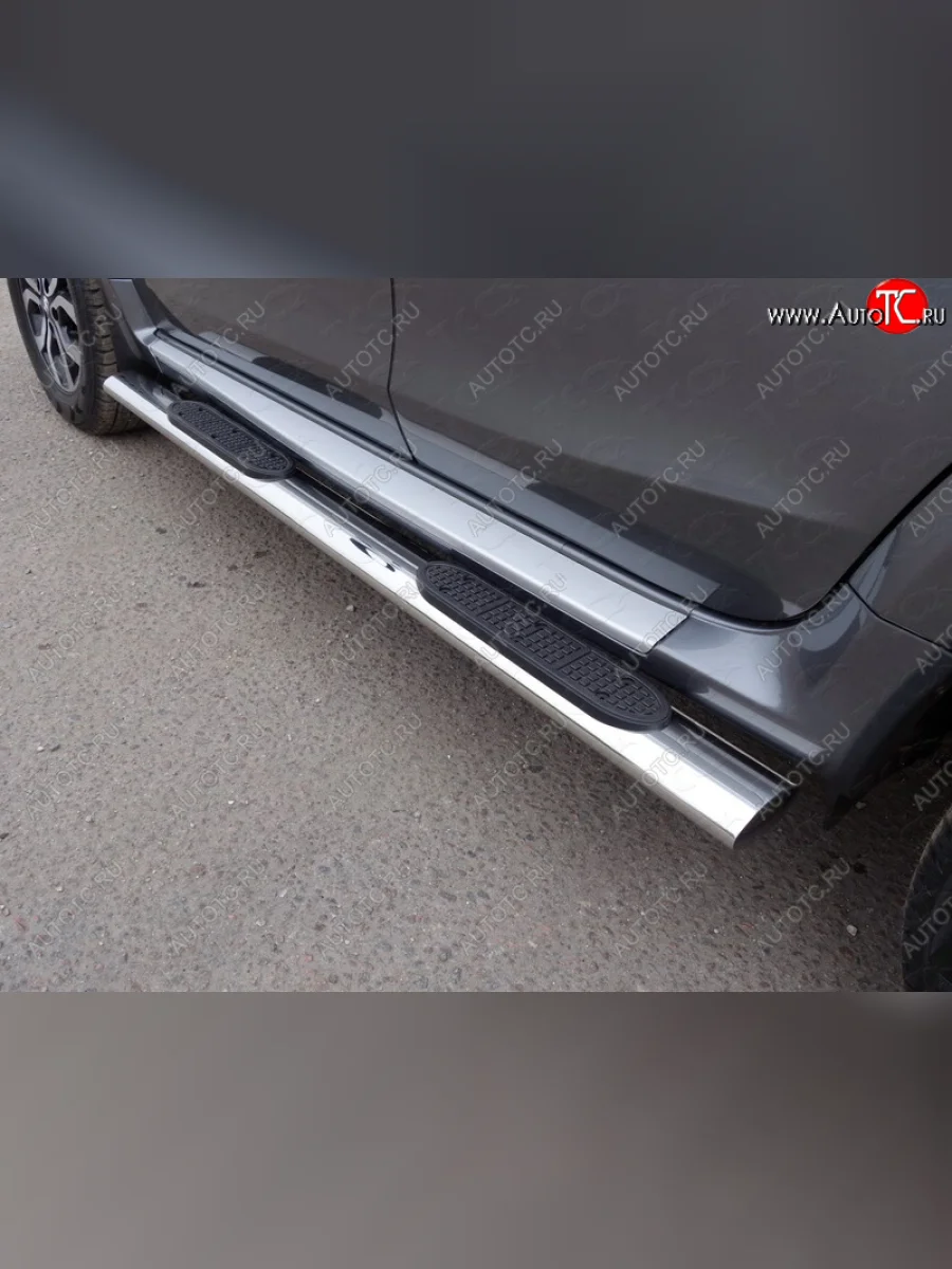 Пороги овальные гнутые с накладкой 75х42 мм ТСС Тюнинг Renault Duster HS дорестайлинг (2010-2015) (серые)  в Самаре Самарской области
