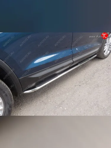 Пороги овальные гнутые с накладкой 75х42 мм ТСС Тюнинг (серые) Skoda Kodiaq 1 NS7 дорестайлинг (2017-2021)