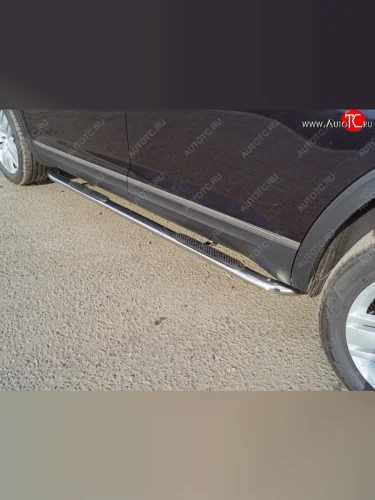 Пороги овальные гнутые с накладкой 75х42 мм ТСС Тюнинг (серые) Volkswagen Teramont 1 CA1 дорестайлинг (2016-2020)
