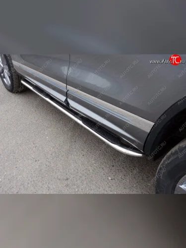 Пороги овальные гнутые с накладкой 75х42 мм R-Line ТСС Тюнинг (серые) Volkswagen Touareg 2 NF рестайлинг (2014-2018)
