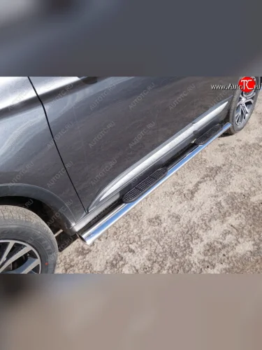 Пороги овальные с накладкой 120х60 мм, ТСС Тюнинг (серые) Mitsubishi Outlander GF 2-ой рестайлинг (2015-2018)