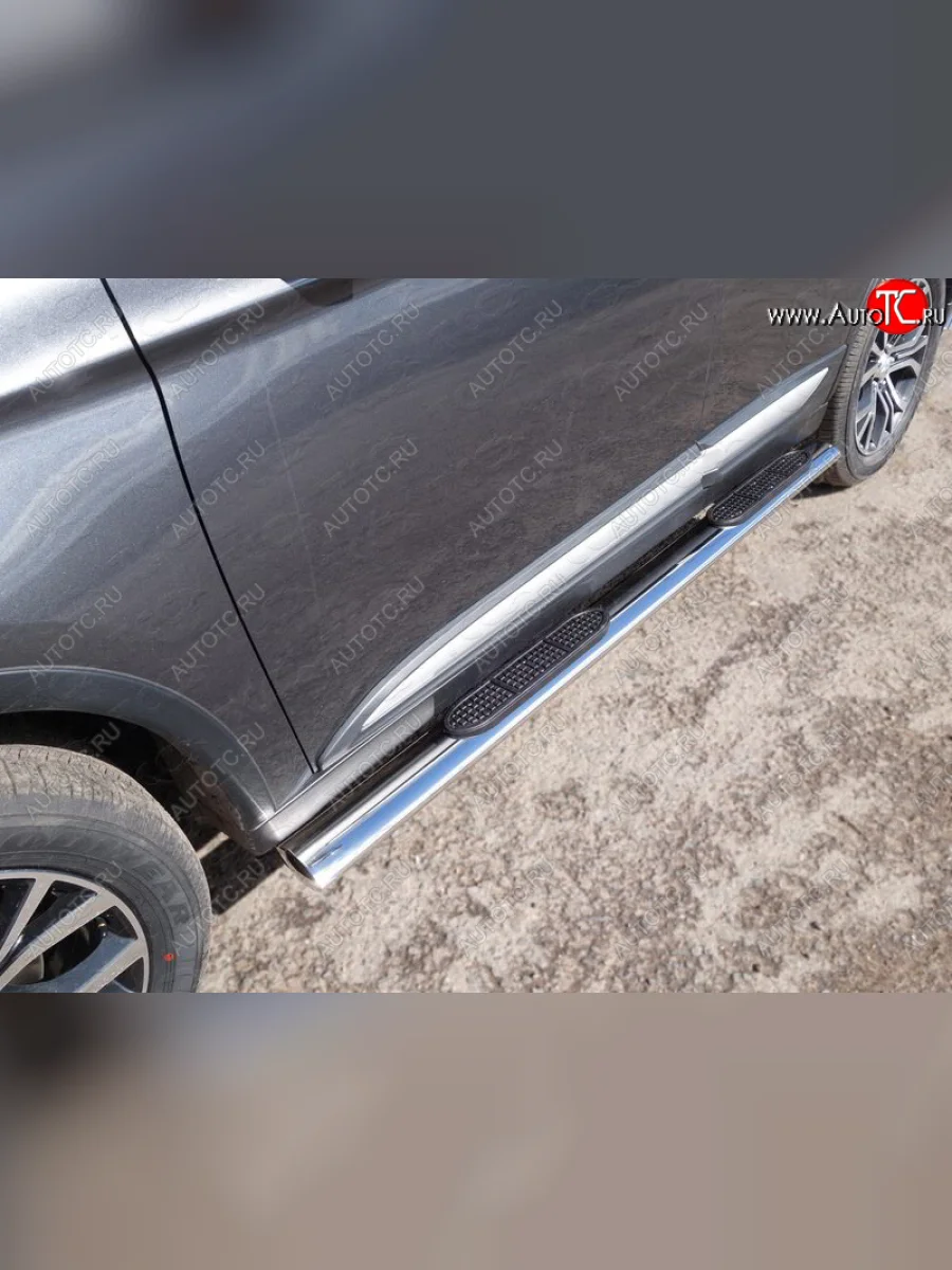 Пороги овальные с накладкой 120х60 мм, ТСС Тюнинг Mitsubishi Outlander GF 3-ий рестайлинг (2018-2022) (серые)  в Самаре Самарской области