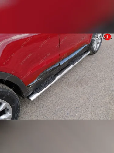 Пороги овальные с накладкой 120х60 мм ТСС Тюнинг (серые) Hyundai Santa Fe TM дорестайлинг (2018-2021)