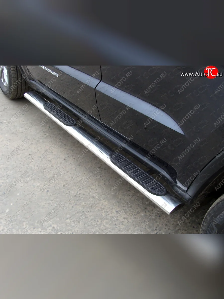 Пороги овальные с накладкой 120х60 мм ТСС Тюнинг Jeep Grand Cherokee WK2 1-ый рестайлинг (2013-2018) (серые)  в Керчи Республика Крым