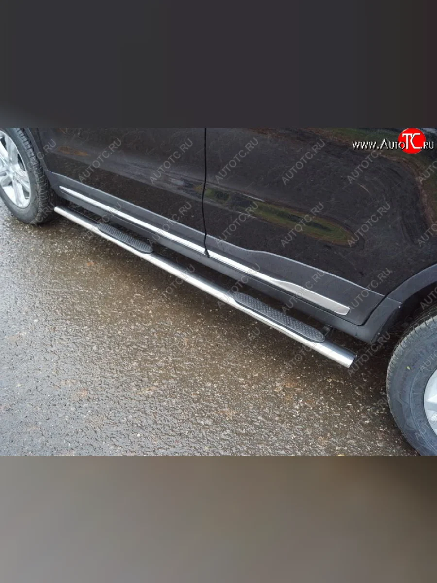 Пороги овальные (нержавейка 75*42 мм) ТСС Тюнинг Geely Atlas NL3 (2016-2022) (с накладкой)  в Самаре Самарской области