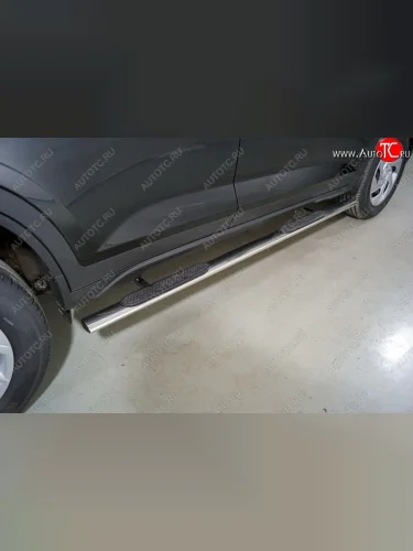 Пороги овальные с накладкой 75*42 мм ТСС Тюнинг (серые) Hyundai Creta SU (2020-2022)