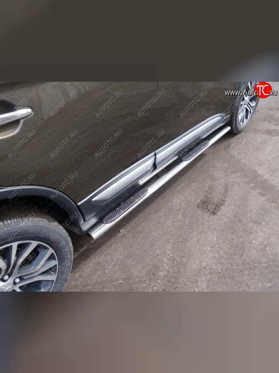 Пороги овальные с накладкой 75х42 мм ТСС Тюнинг Mitsubishi Outlander GF 2-ой рестайлинг (2015-2018) (серые)  в Самаре Самарской области