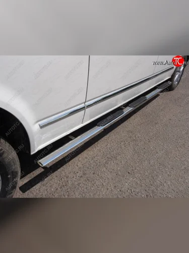 Пороги овальные с накладкой 75х42 мм ТСС Тюнинг (серые) Volkswagen Caravelle T6 дорестайлинг (2015-2019)