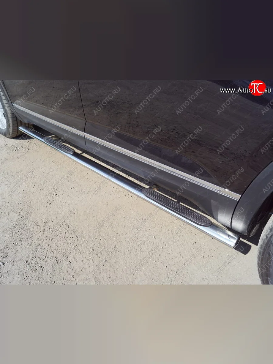 Пороги овальные с накладкой 75х42 мм ТСС Тюнинг Volkswagen Teramont 1 CA1 дорестайлинг (2016-2020) (серые)  в Самаре Самарской области