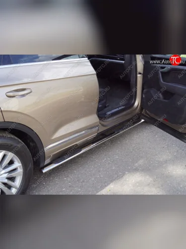 Пороги овальные с накладкой 75х42 мм ТСС Тюнинг (серые) Volkswagen Touareg 2 NF рестайлинг (2014-2018)