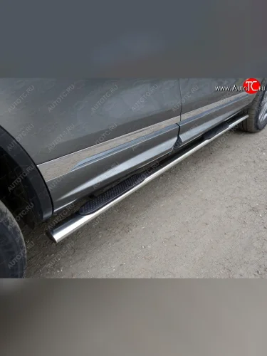 Пороги овальные с накладкой 75х42 мм R-Line ТСС Тюнинг (серые) Volkswagen Touareg 2 NF рестайлинг (2014-2018)