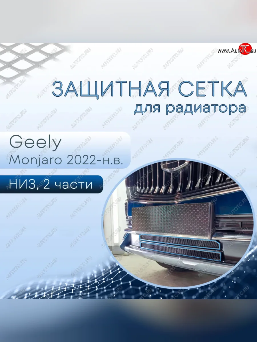 Защитная сетка в бампер (низ, 2 части, ячейка 3х7 мм) Alfeco Стандарт Geely Monjaro (2022-2025) (Чёрная)  в Самаре Самарской области