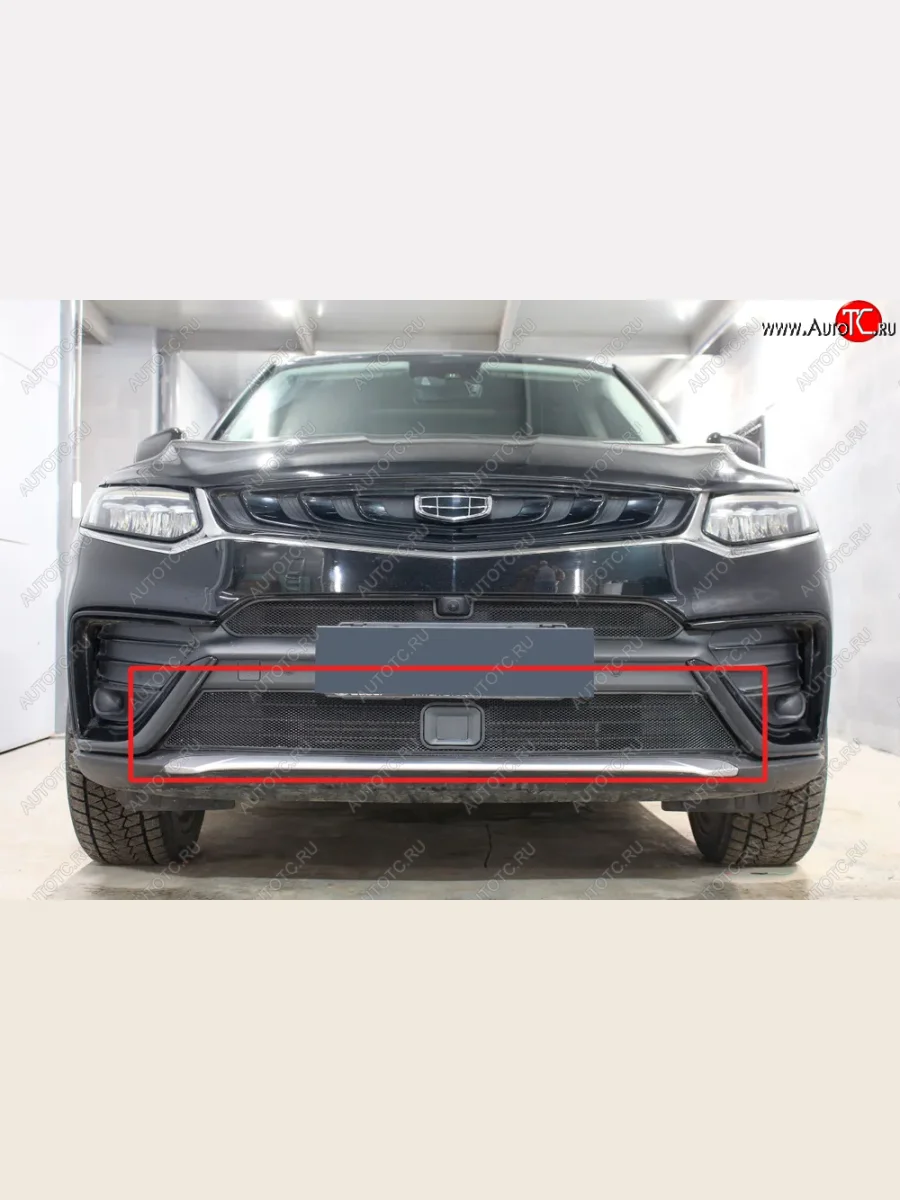 Защитная сетка в бампер (низ, с датчиками, ячейка 3х7 мм) Alfeco Стандарт Geely Tugella FY11,HPBA4 дорестайлинг (2019-2023) (Чёрная)  в Самаре Самарской области