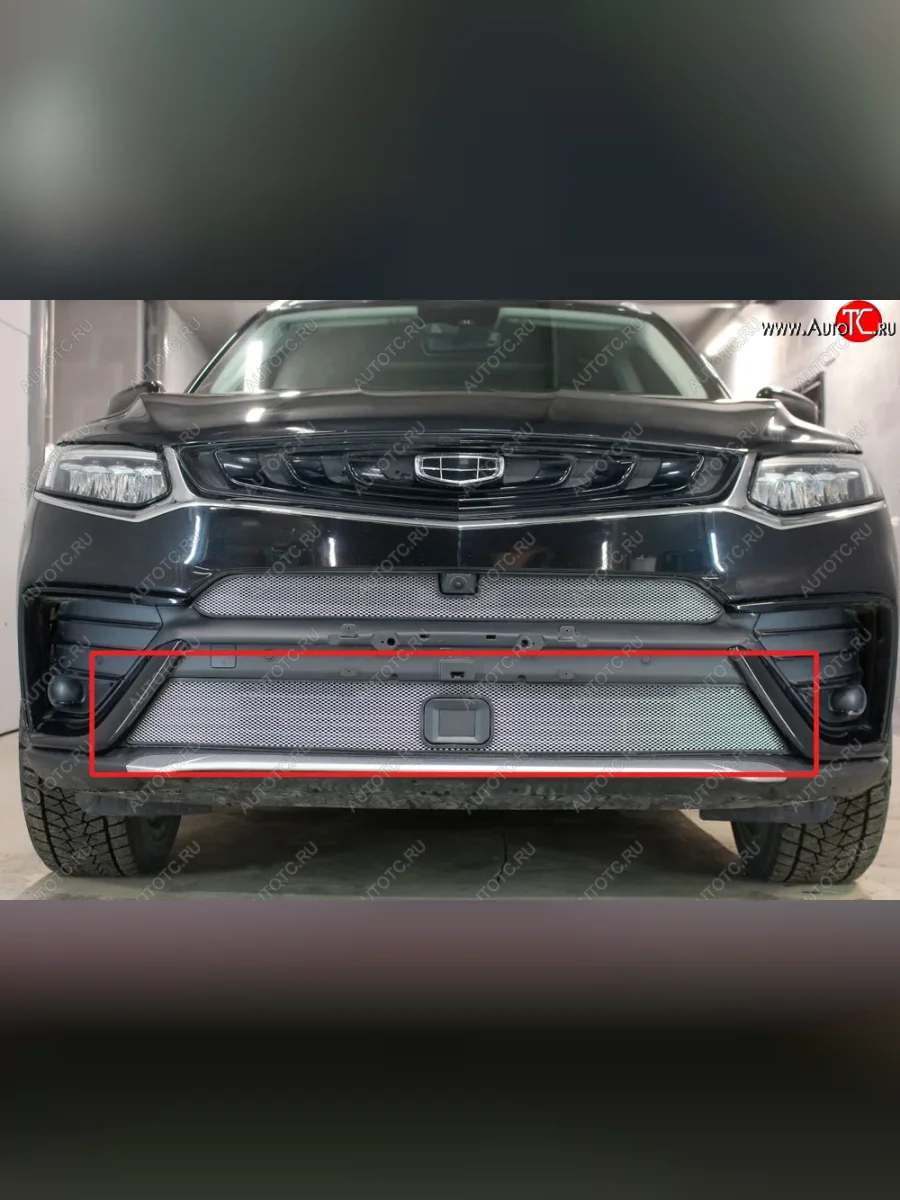 Защитная сетка в бампер (низ, с датчиками, ячейка 3х7 мм) Alfeco Стандарт Geely Tugella FY11,HPBA4 дорестайлинг (2019-2023) (Хром)  в Самаре Самарской области