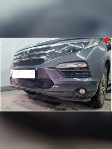 Защитная сетка в бампер (низ, ячейка 3х7 мм) Alfeco Стандарт (Чёрная) Honda Pilot YF6 дорестайлинг (2016-2019)
