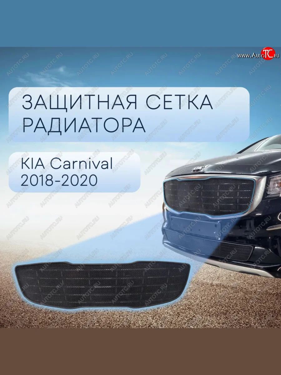 Защитная сетка в бампер (верх, ячейка 3х7 мм) Alfeco Стандарт KIA Carnival YP минивэн рестайлинг (2018-2020) (Чёрная)  с доставкой в г. Керчь