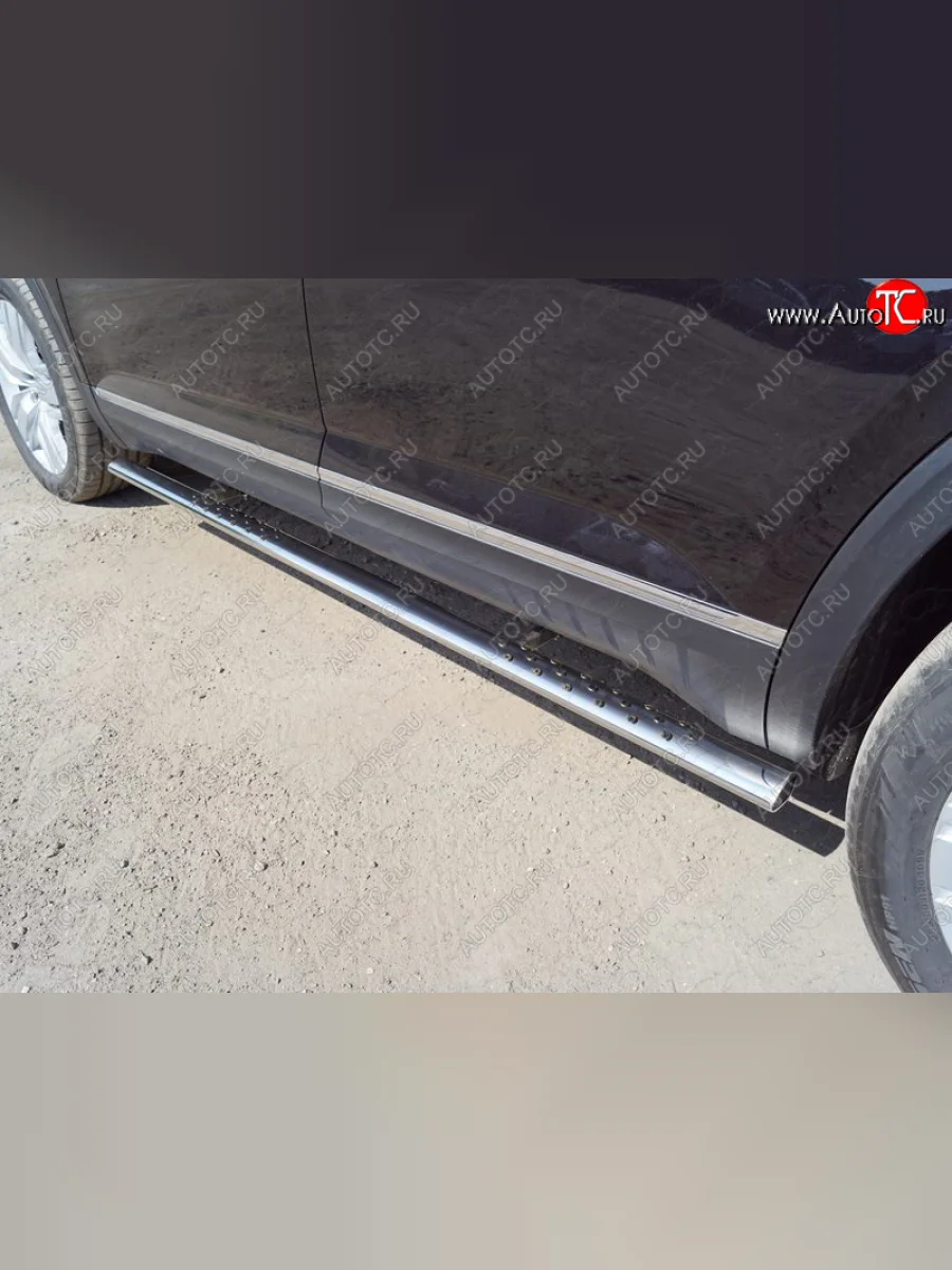 Пороги овальные с проступью 75х42 мм ТСС Тюнинг Volkswagen Teramont 1 CA1 дорестайлинг (2016-2020) (серые)  в Воронеже Воронежской области