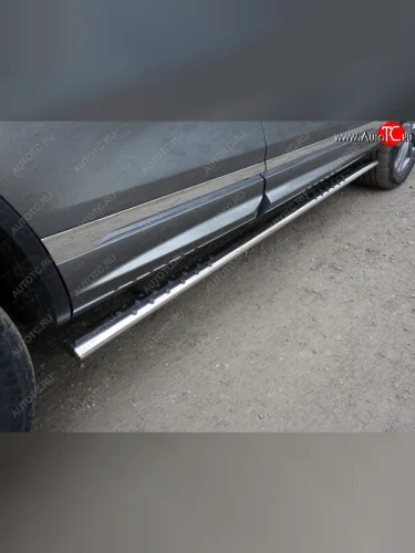 Пороги овальные с проступью 75х42 мм R-Line ТСС Тюнинг (серые) Volkswagen Touareg 2 NF рестайлинг (2014-2018)