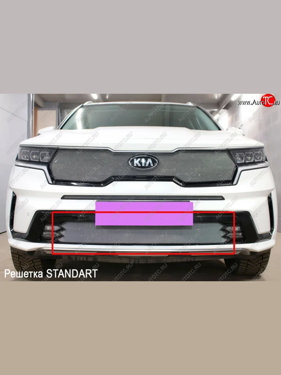 Защитная сетка в бампер (низ, с ПТФ, ячейка 3х7 мм) Alfeco Стандарт KIA Sorento MQ4 (2020-2022) (Хром)  в Керчи Республика Крым