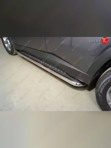 Пороги с площадкой 60,3 мм ТСС Тюнинг (серые) Hyundai Tucson NX4 (2020-2022)